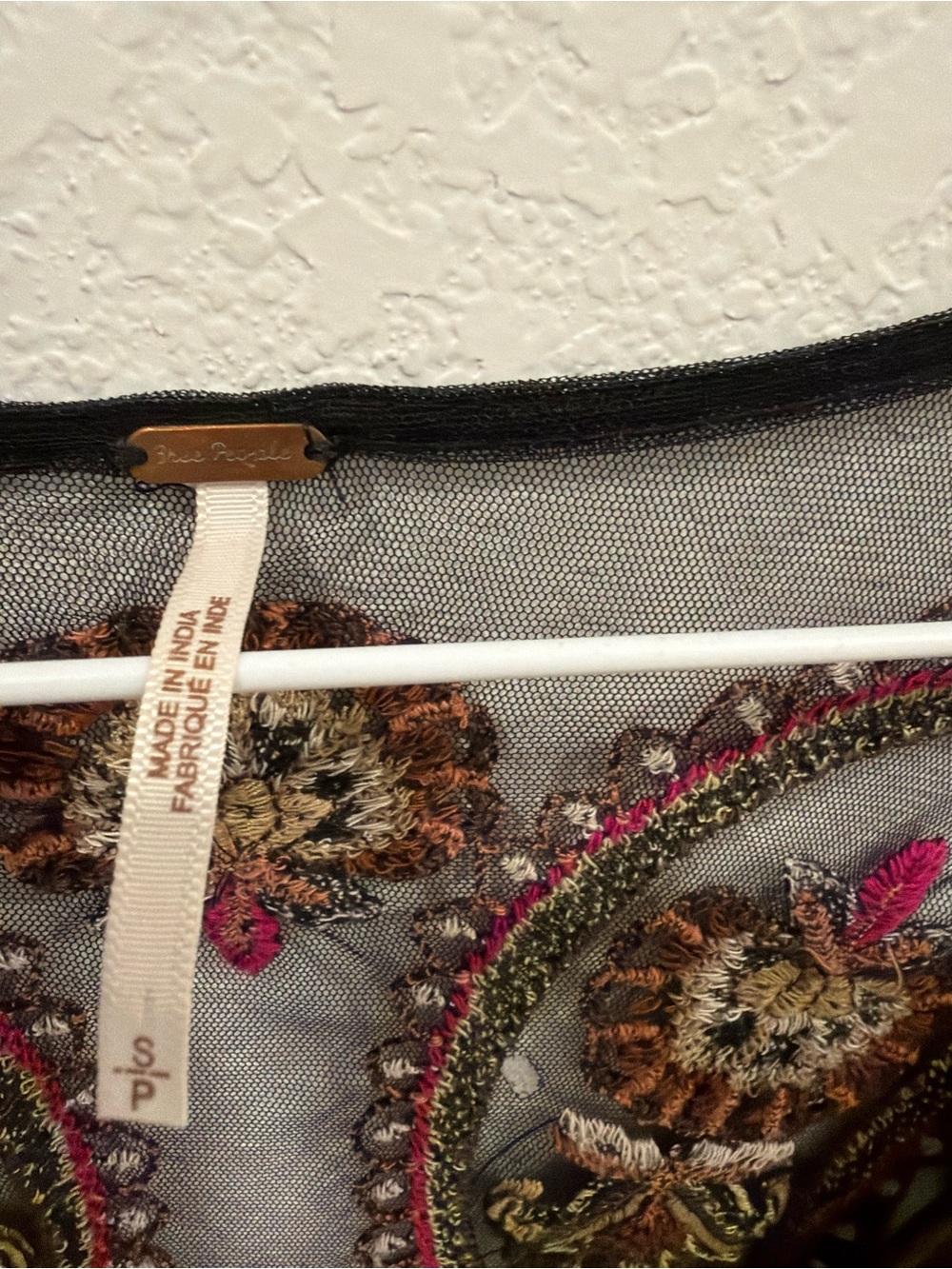 Free People Black Sheer Embroidered Floral Crop Top with Pink & Gold Accents - Picture 3 of 4